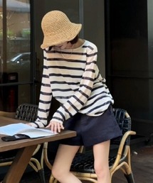 ボーダーシアー薄手長袖トップス