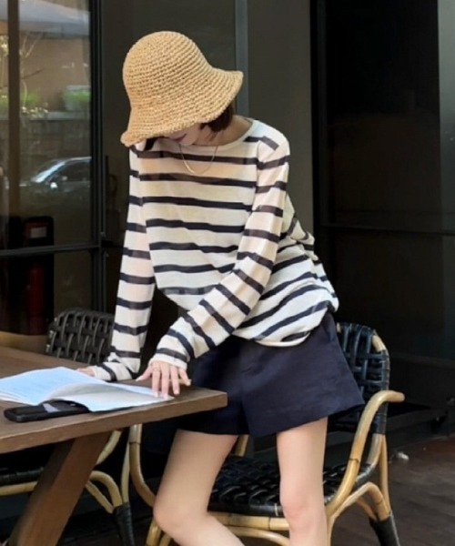 Ritzy(リッツィー)の「ボーダーシアー薄手長袖トップス(Tシャツ/カットソー・レディース・ホワイト×ブラック・M/L)」の1枚目の写真