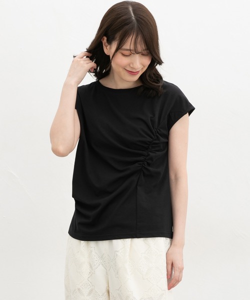 Honeys(ハニーズ)の「【ハニさら・接触冷感・UVカット】アシメギャザートップス(Tシャツ/カットソー・レディース・ダークブラウン系1/ブラック/グレイッシュベージュ・L/LL/M/S)」の7枚目の写真