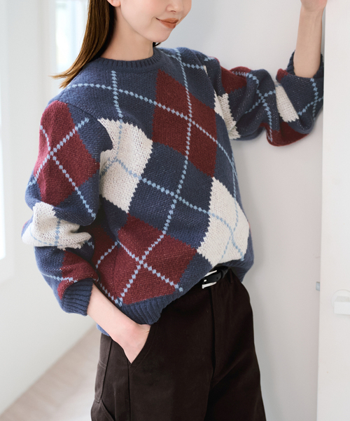 U by SPICK&SPAN(ユーバイスピックアンドスパン)の「ダブルジャガードアーガイルニット(ニット/セーター・レディース・ネイビー/ブラウン・FREE)」の2枚目の写真