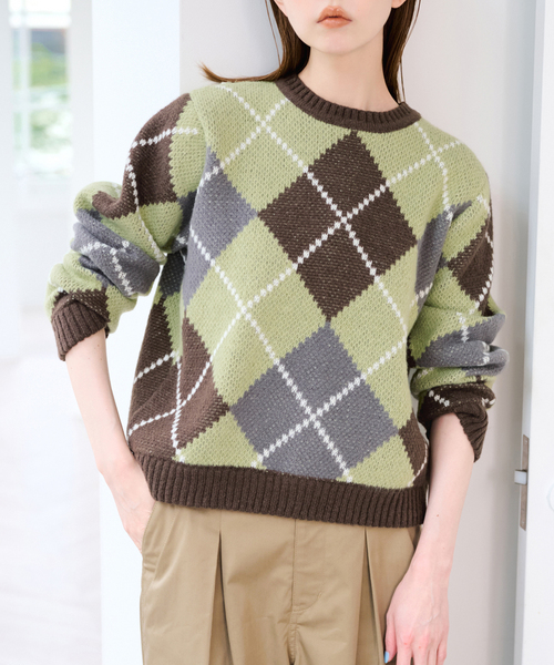 U by SPICK&SPAN(ユーバイスピックアンドスパン)の「ダブルジャガードアーガイルニット(ニット/セーター・レディース・ネイビー/ブラウン・FREE)」の1枚目の写真