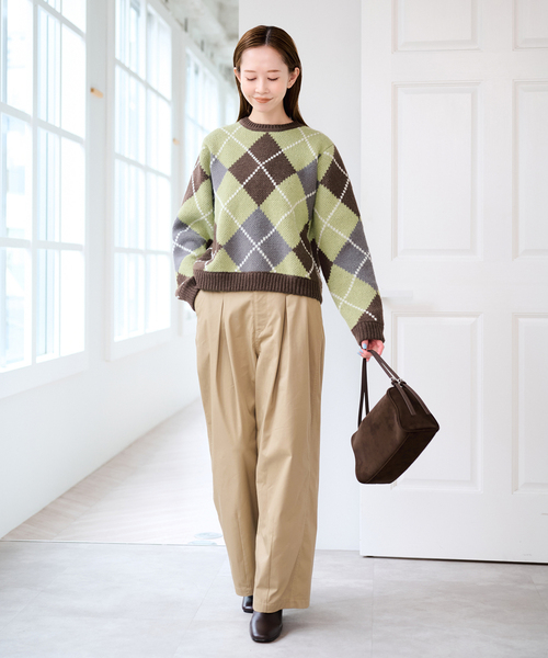 U by SPICK&SPAN(ユーバイスピックアンドスパン)の「ダブルジャガードアーガイルニット(ニット/セーター・レディース・ネイビー/ブラウン・FREE)」の3枚目の写真