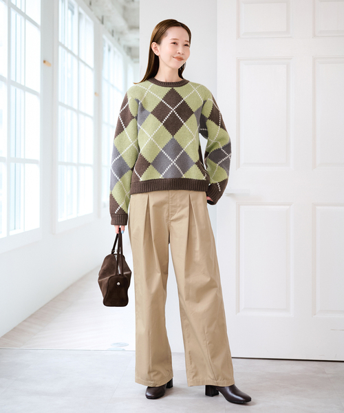 U by SPICK&SPAN(ユーバイスピックアンドスパン)の「ダブルジャガードアーガイルニット(ニット/セーター・レディース・ネイビー/ブラウン・FREE)」の7枚目の写真