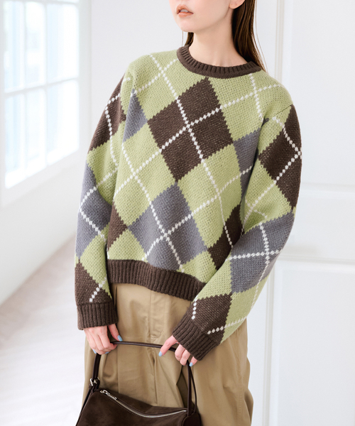 U by SPICK&SPAN(ユーバイスピックアンドスパン)の「ダブルジャガードアーガイルニット(ニット/セーター・レディース・ネイビー/ブラウン・FREE)」の8枚目の写真