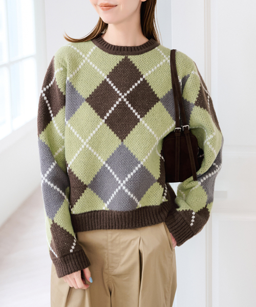 U by SPICK&SPAN(ユーバイスピックアンドスパン)の「ダブルジャガードアーガイルニット(ニット/セーター・レディース・ネイビー/ブラウン・FREE)」の9枚目の写真