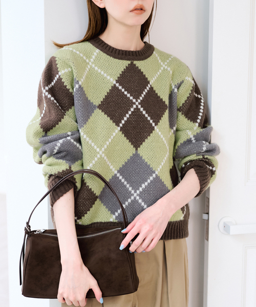 U by SPICK&SPAN(ユーバイスピックアンドスパン)の「ダブルジャガードアーガイルニット(ニット/セーター・レディース・ネイビー/ブラウン・FREE)」の12枚目の写真