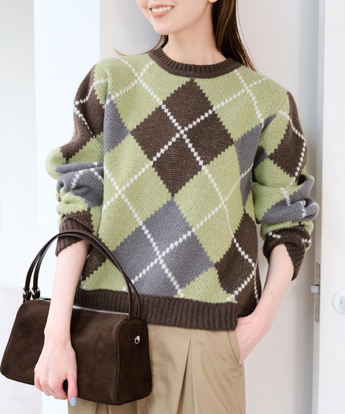 U by SPICK&SPAN(ユーバイスピックアンドスパン)の「ダブルジャガードアーガイルニット(ニット/セーター・レディース・ネイビー/ブラウン・FREE)」の13枚目の写真