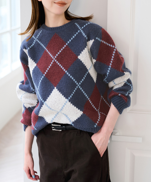 U by SPICK&SPAN(ユーバイスピックアンドスパン)の「ダブルジャガードアーガイルニット(ニット/セーター・レディース・ネイビー/ブラウン・FREE)」の18枚目の写真