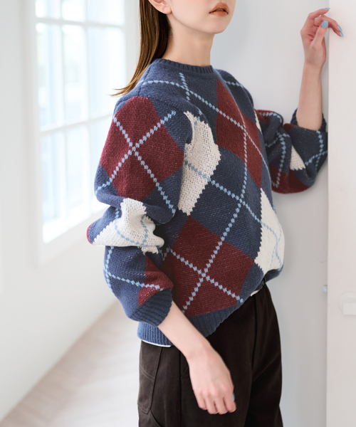 U by SPICK&SPAN(ユーバイスピックアンドスパン)の「ダブルジャガードアーガイルニット(ニット/セーター・レディース・ネイビー/ブラウン・FREE)」の19枚目の写真