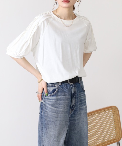 FUNALIVE（ファンアライブ）の「袖タックラグランスリーブ半袖トップス（Tシャツ/カットソー・レディース・ブラック/グレイッシュベージュ/オフホワイト/チャコールグレー・LL～3L/M～Ｌ）」の6枚目の写真