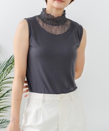 【C-FORTPOINT/フォートポイント】【上品なハイネックデザインが大人可愛い!】レース切り替えタンクトップ 首元カバー レイヤード 上品 華やか カジュアル フェミニン 通気性