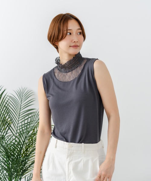 fort point(フォーポイント)の「【C-FORTPOINT/フォートポイント】【上品なハイネックデザインが大人可愛い!】レース切り替えタンクトップ 首元カバー レイヤード 上品 華やか カジュアル フェミニン 通気性(タンクトップ・レディース・チャコールグレー/イエロー系その他/アイボリー/ブラック・FREE)」の5枚目の写真