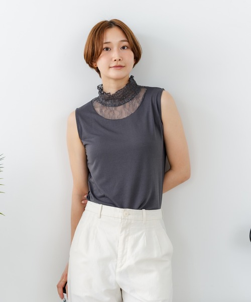 fort point(フォーポイント)の「【C-FORTPOINT/フォートポイント】【上品なハイネックデザインが大人可愛い!】レース切り替えタンクトップ 首元カバー レイヤード 上品 華やか カジュアル フェミニン 通気性(タンクトップ・レディース・チャコールグレー/イエロー系その他/アイボリー/ブラック・FREE)」の7枚目の写真