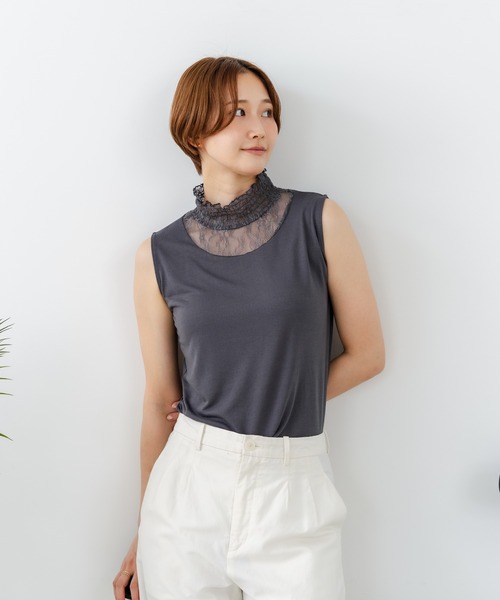 fort point(フォーポイント)の「【C-FORTPOINT/フォートポイント】【上品なハイネックデザインが大人可愛い!】レース切り替えタンクトップ 首元カバー レイヤード 上品 華やか カジュアル フェミニン 通気性(タンクトップ・レディース・チャコールグレー/イエロー系その他/アイボリー/ブラック・FREE)」の8枚目の写真