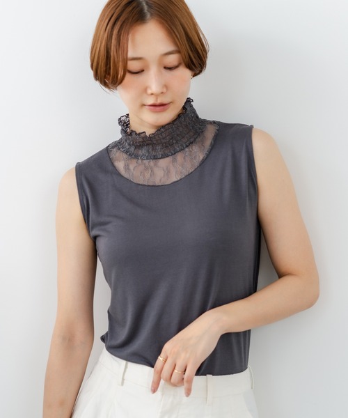fort point(フォーポイント)の「【C-FORTPOINT/フォートポイント】【上品なハイネックデザインが大人可愛い!】レース切り替えタンクトップ 首元カバー レイヤード 上品 華やか カジュアル フェミニン 通気性(タンクトップ・レディース・チャコールグレー/イエロー系その他/アイボリー/ブラック・FREE)」の9枚目の写真