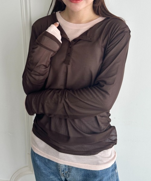 MYMOOD.(マイムード)の「1枚でサマになる♪配色ネットレイヤードトップス 単品使い可能(Tシャツ/カットソー・レディース・ブラウン/ブラック/ネイビー/アイボリー・FREE)」の3枚目の写真
