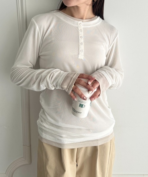 MYMOOD.(マイムード)の「1枚でサマになる♪配色ネットレイヤードトップス 単品使い可能(Tシャツ/カットソー・レディース・ブラウン/ブラック/ネイビー/アイボリー・FREE)」の1枚目の写真