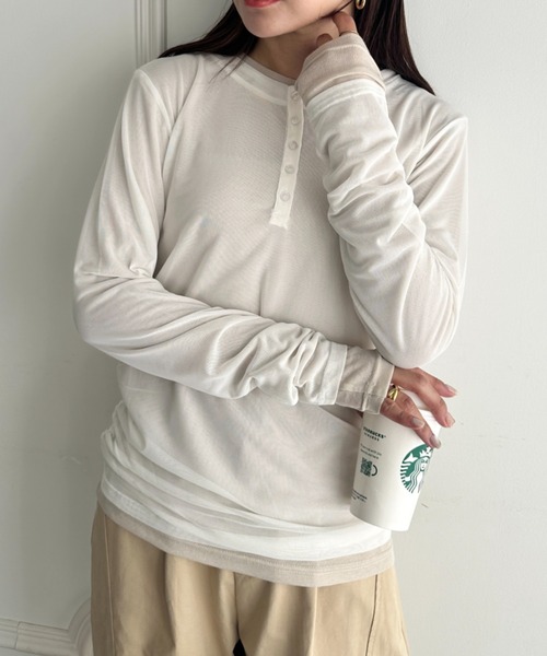 MYMOOD.(マイムード)の「1枚でサマになる♪配色ネットレイヤードトップス 単品使い可能(Tシャツ/カットソー・レディース・ブラウン/ブラック/ネイビー/アイボリー・FREE)」の8枚目の写真