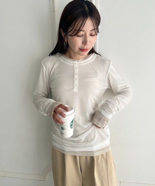 MYMOOD.(マイムード)の「1枚でサマになる♪配色ネットレイヤードトップス 単品使い可能(Tシャツ/カットソー・レディース・ブラウン/ブラック/ネイビー/アイボリー・FREE)」の12枚目の写真