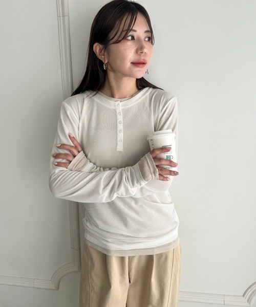 MYMOOD.(マイムード)の「1枚でサマになる♪配色ネットレイヤードトップス 単品使い可能(Tシャツ/カットソー・レディース・ブラウン/ブラック/ネイビー/アイボリー・FREE)」の13枚目の写真
