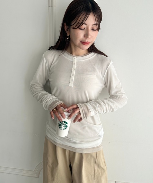 MYMOOD.(マイムード)の「1枚でサマになる♪配色ネットレイヤードトップス 単品使い可能(Tシャツ/カットソー・レディース・ブラウン/ブラック/ネイビー/アイボリー・FREE)」の14枚目の写真
