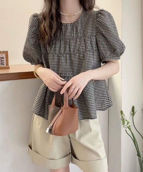 Puff sleeve rib check blouse (блузка с пышными рукавами и рубчиком)