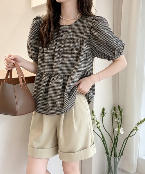 FAVORITO(ファヴォリート)の「パフスリーブチェック柄ブラウス(シャツ/ブラウス・レディース・ブラック・S/M/L/XL)」の5枚目の写真