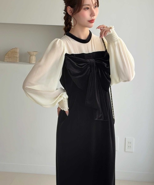 GeeRA(ジーラ)の「シアー&リボンデザインベロアワンピース(ドレス・レディース・ブラック系その他/ブラック・X-LARGE/LARGE/MEDIUM)」の1枚目の写真