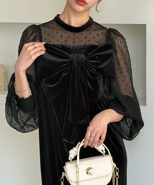 GeeRA(ジーラ)の「シアー&リボンデザインベロアワンピース(ドレス・レディース・ブラック系その他/ブラック・X-LARGE/LARGE/MEDIUM)」の9枚目の写真