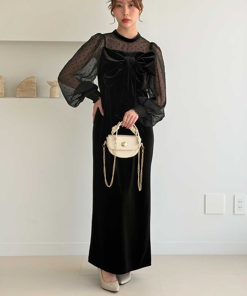 GeeRA(ジーラ)の「シアー&リボンデザインベロアワンピース(ドレス・レディース・ブラック系その他/ブラック・X-LARGE/LARGE/MEDIUM)」の3枚目の写真
