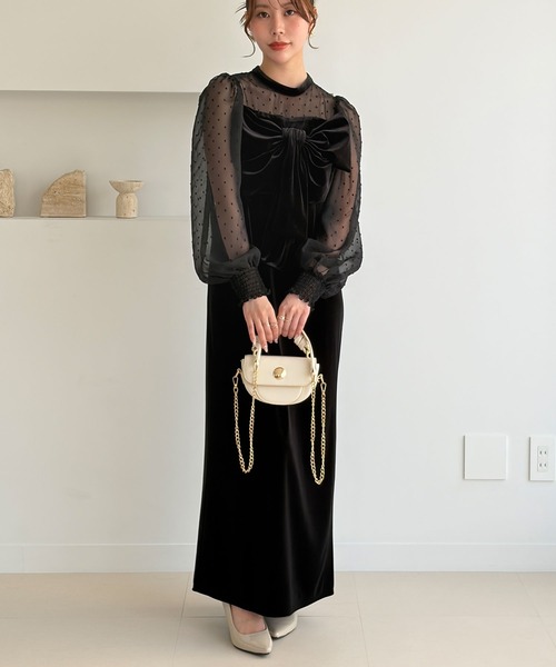 GeeRA(ジーラ)の「シアー&リボンデザインベロアワンピース(ドレス・レディース・ブラック系その他/ブラック・X-LARGE/LARGE/MEDIUM)」の4枚目の写真