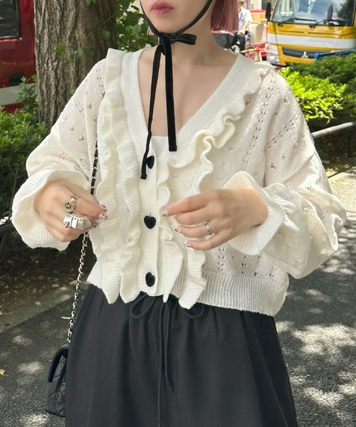 Alley Tokyo（アリートーキョー）の「ハートボタンフリフリ透かし編みカーデ（カーディガン/ボレロ・レディース・オフホワイト/ブルー・FREE）」の14枚目の写真