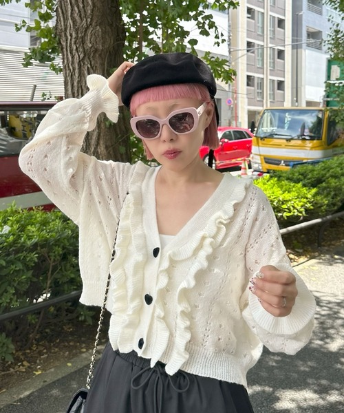 Alley Tokyo（アリートーキョー）の「ハートボタンフリフリ透かし編みカーデ（カーディガン/ボレロ・レディース・オフホワイト/ブルー・FREE）」の15枚目の写真