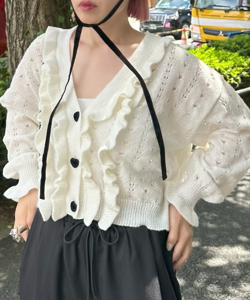 Alley Tokyo（アリートーキョー）の「ハートボタンフリフリ透かし編みカーデ（カーディガン/ボレロ・レディース・オフホワイト/ブルー・FREE）」の16枚目の写真