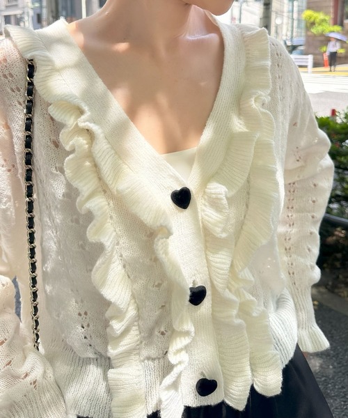 Alley Tokyo（アリートーキョー）の「ハートボタンフリフリ透かし編みカーデ（カーディガン/ボレロ・レディース・オフホワイト/ブルー・FREE）」の12枚目の写真