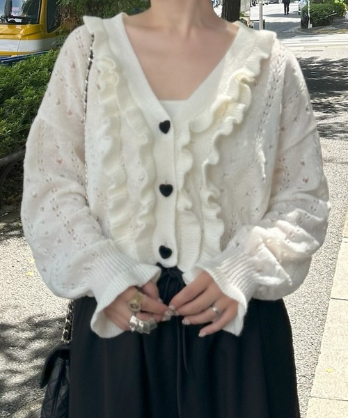 Alley Tokyo（アリートーキョー）の「ハートボタンフリフリ透かし編みカーデ（カーディガン/ボレロ・レディース・オフホワイト/ブルー・FREE）」の8枚目の写真