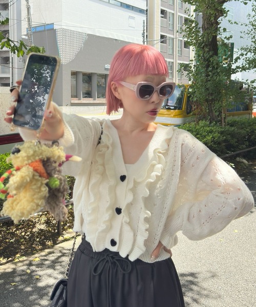 Alley Tokyo（アリートーキョー）の「ハートボタンフリフリ透かし編みカーデ（カーディガン/ボレロ・レディース・オフホワイト/ブルー・FREE）」の11枚目の写真