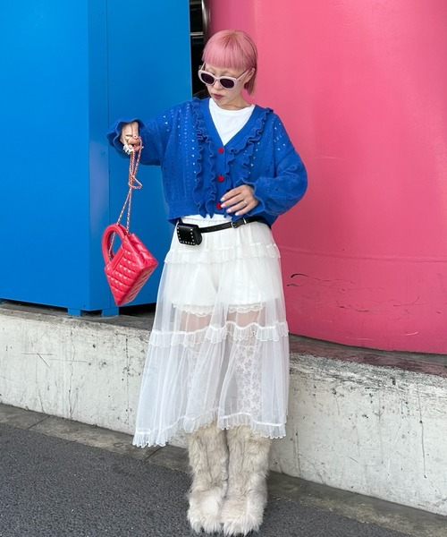 Alley Tokyo（アリートーキョー）の「ハートボタンフリフリ透かし編みカーデ（カーディガン/ボレロ・レディース・オフホワイト/ブルー・FREE）」の5枚目の写真