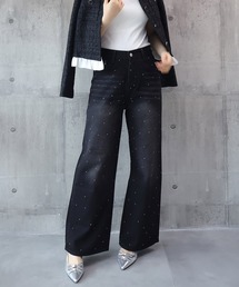 ラインストーンデザインワイドデニムパンツ