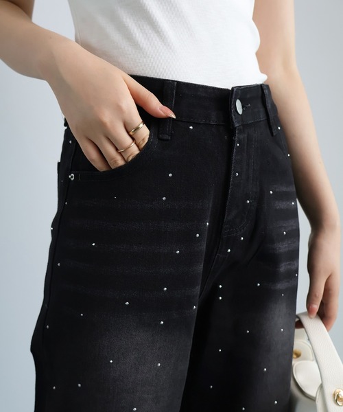 DRESS PLUS(ドレスプラス)の「ラインストーンデザインワイドデニムパンツ(デニムパンツ・レディース・ブルー/ブラック・L/M)」の3枚目の写真