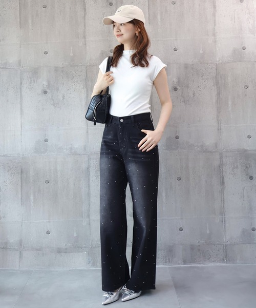 DRESS PLUS(ドレスプラス)の「ラインストーンデザインワイドデニムパンツ(デニムパンツ・レディース・ブルー/ブラック・L/M)」の6枚目の写真