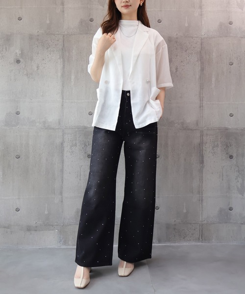 DRESS PLUS(ドレスプラス)の「ラインストーンデザインワイドデニムパンツ(デニムパンツ・レディース・ブルー/ブラック・L/M)」の9枚目の写真