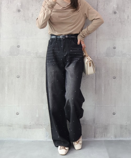 DRESS PLUS(ドレスプラス)の「ラインストーンデザインワイドデニムパンツ(デニムパンツ・レディース・ブルー/ブラック・L/M)」の4枚目の写真