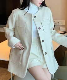 ノーカラー ベルト付きミドルコート