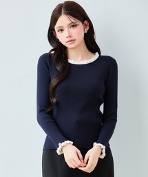 【新作登場】配色ニット 配色フリル フリルネック 袖口フリル クルーネック コンパクト 細見え 上品 きれいめ フェミニン 通勤 オフィス 春 秋 冬