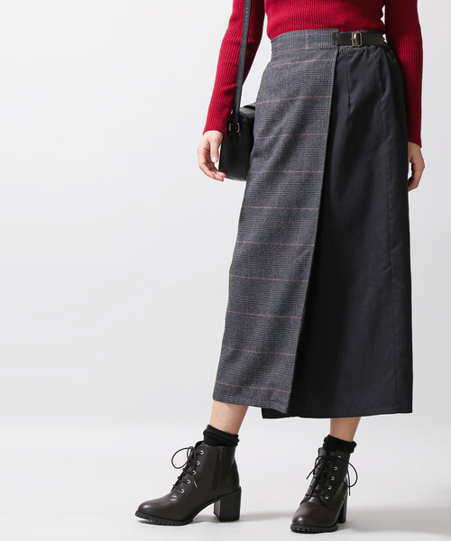 WEGO(ウィゴー)の「WEGO/チェック配色ラップスカート(スカート・レディース・グレー系その他2/ブラウン系その他2/ブルー系その他2・FREE)」の2枚目の写真