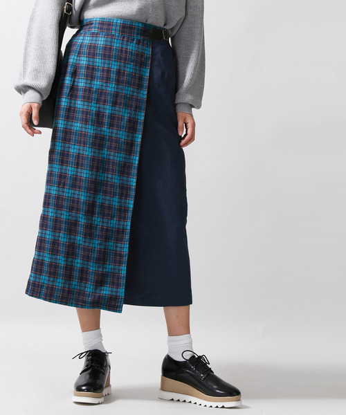 WEGO(ウィゴー)の「WEGO/チェック配色ラップスカート(スカート・レディース・グレー系その他2/ブラウン系その他2/ブルー系その他2・FREE)」の1枚目の写真