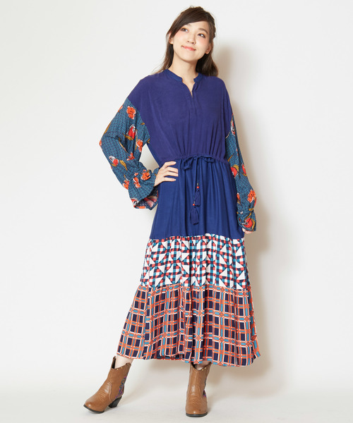 チャイハネ（チャイハネ）の「【チャイハネ】レトロ柄キャンディスリーブワンピース（ワンピース・レディース・イエロー/ブルー/グリーン・FREE）」の3枚目の写真