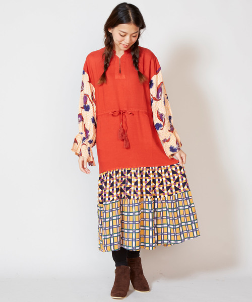 チャイハネ（チャイハネ）の「【チャイハネ】レトロ柄キャンディスリーブワンピース（ワンピース・レディース・イエロー/ブルー/グリーン・FREE）」の9枚目の写真