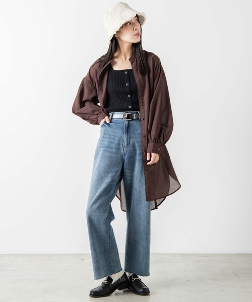 WEGO(ウィゴー)の「WEGO/バンドカラーシアーチュニックシャツ(シャツ/ブラウス・レディース・ダークブラウン/ホワイト・FREE)」の5枚目の写真